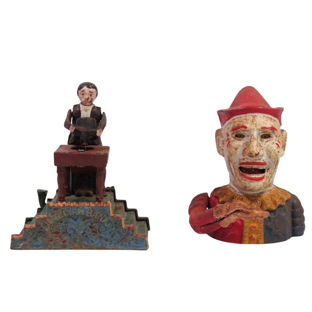 Vintage Cast Iron Mechanical Banks Magician and Humpty Dumpty Clown Set of 2